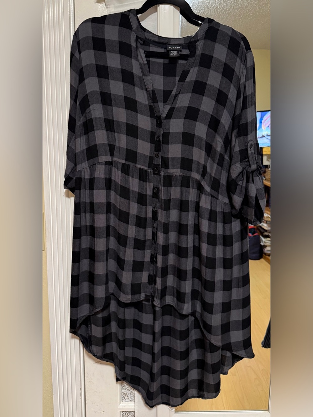 Torrid Tunic Shirt Dress Charcoal and black Plaid High-Low Tiered Size Lg - Picture 6 of 6